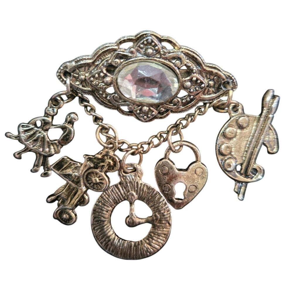 Vintage Artist Charm Brooch Dancer Painting Heart Clock Car